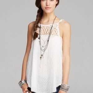 Free People White Eyelet Lace Tank Top Womens Small Crochet Boho Hippie Festival